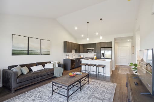 a living room with a couch and a table