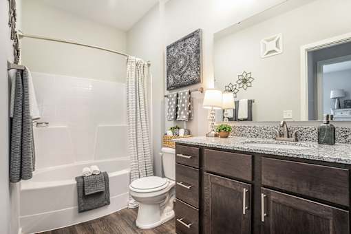 A bathroom with a white toilet and a white bathtub.