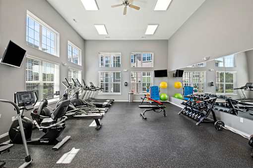 A spacious gym with a variety of cardio equipment and windows.