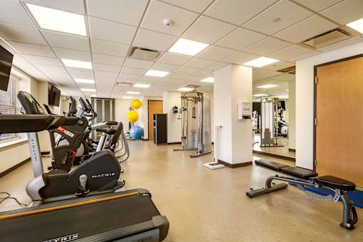 A gym with a treadmill, weights, and exercise equipment.