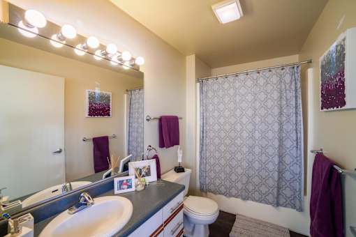 A bathroom with a sink, toilet, and shower.
