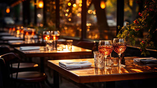 A table set for two with glasses of wine on a sunny day.