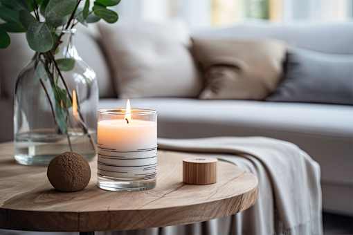 A candle sits on a wooden table with a cushion and a vase in the background.