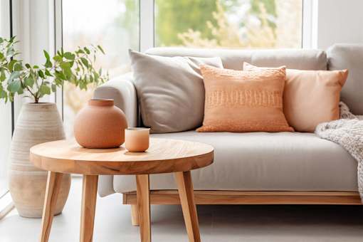 A living room with a grey couch, a round wooden table with a vase and candle on it, and a potted plant.