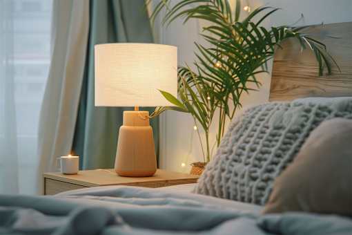 A bedroom with a bed, a lamp, a plant, and a pillow.