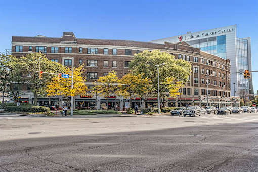 A street view with a Saldin Cancer Center in the background.