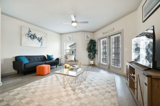 a living room with white walls and a checkered rug
