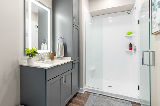 a bathroom with gray cabinets and a white shower stall