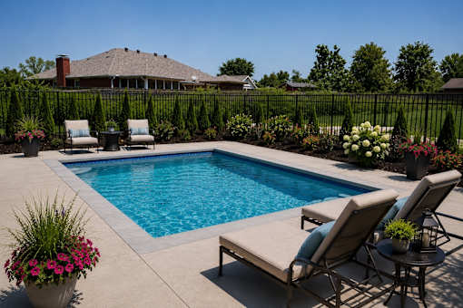A pool surrounded by chairs and plants.