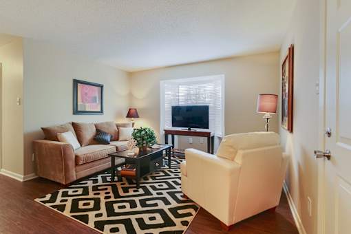 A living room with a brown couch, a white chair, and a black and white rug.