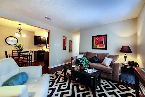 A living room with a white couch and a black and white rug.