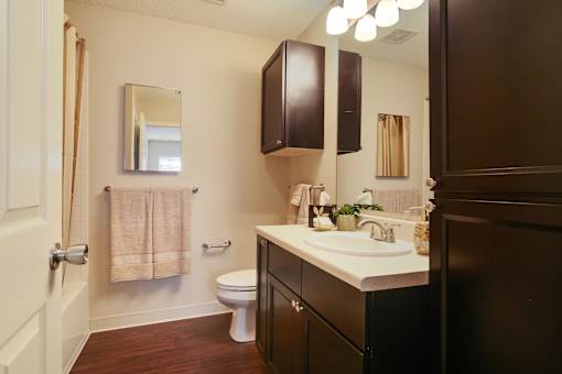A bathroom with a toilet, sink, and mirror.