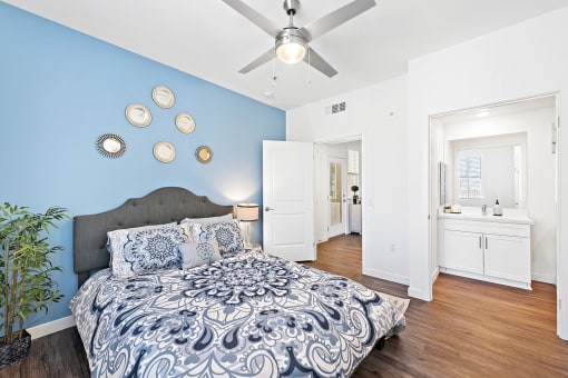 Bedroom With Ceiling Fan at LEVANTE APARTMENT HOMES, California, 92335