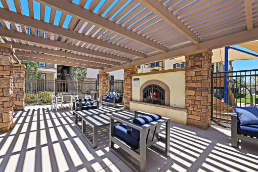 Outdoor fireplace at LEVANTE APARTMENT HOMES, Fontana, 92335