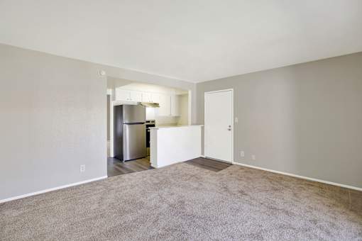 A room with a carpeted floor and a white door.