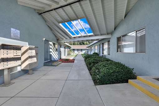 A long hallway with a yellow line down the middle.