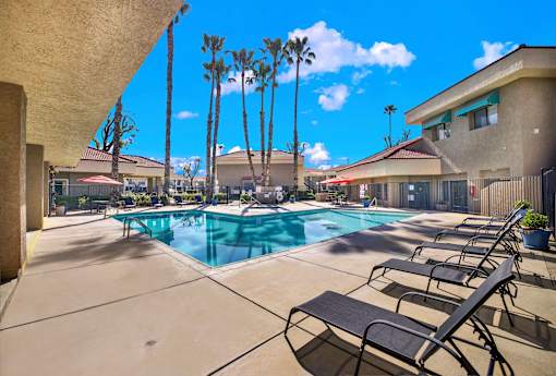 A pool surrounded by palm trees and lounge chairs.