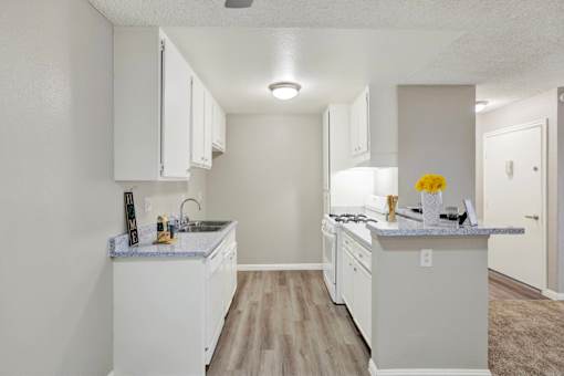 Galley kitchen with white appliances and breakfast bar at ELEVATE Apartments HOMES, Placentia, California
