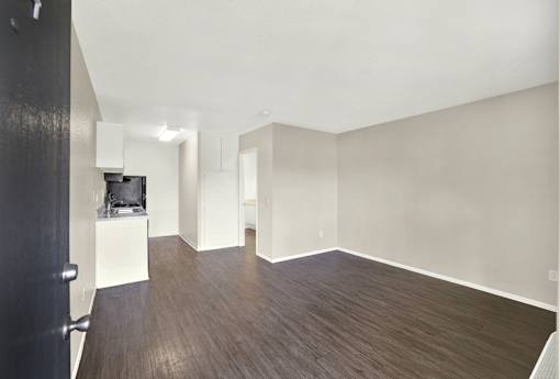 A room with a black door and a white cabinet.