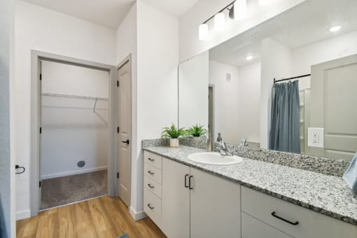 a bathroom with a sink and a shower and a mirror at Gibson Oaks, Lakeland, 33809