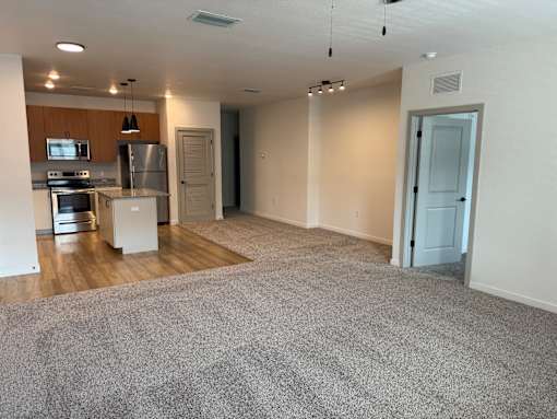 A spacious living area with carpet