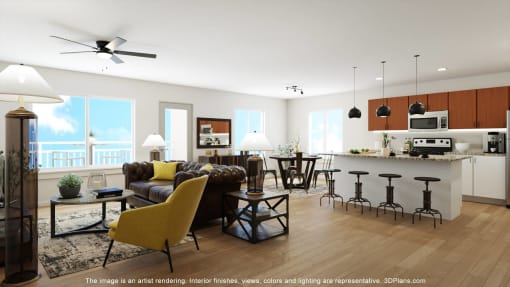 Lighted Ceiling Fan and Sofa in Living Room  at Gibson Oaks, Lakeland, FL, 33809
