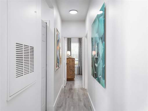 A hallway with a wooden door and two paintings on the wall.