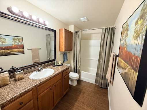 A bathroom with a brown counter top and a large mirror.