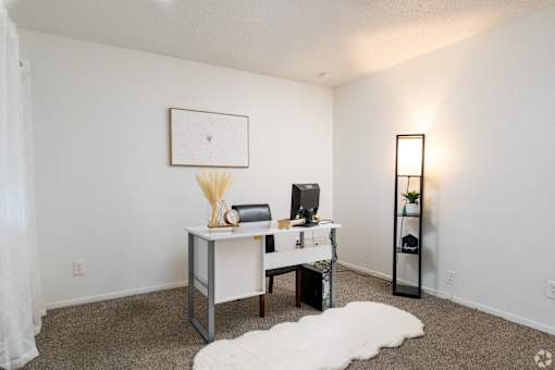 A room with a desk, chair, and a white rug.