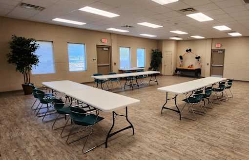 A room with tables and chairs and a tree.
