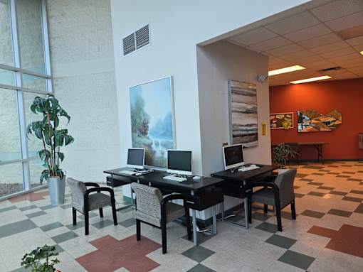 A room with a black desk and chairs, a laptop and a monitor on the desk, a potted plant, and a painting on the wall.