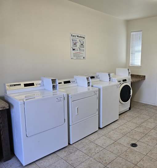 A row of white front load washing machines in a laundry room.
