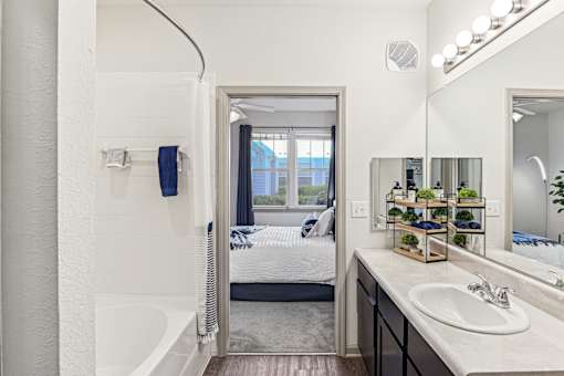 A bathroom with a white sink and a mirror.