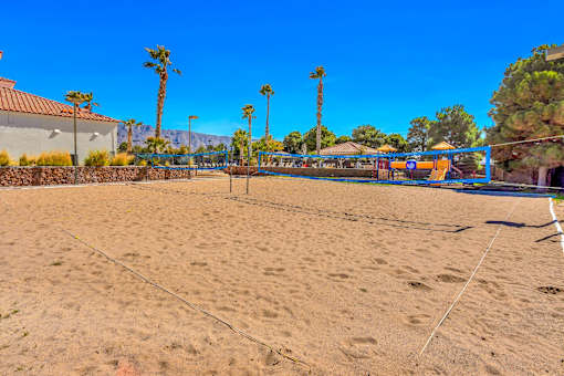 a sand volleyball court on a beach with palm trees