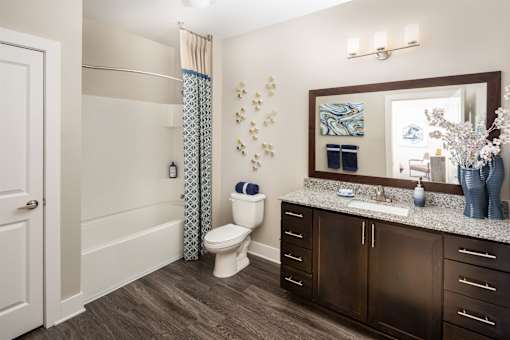 A bathroom with a toilet, sink, and a mirror.