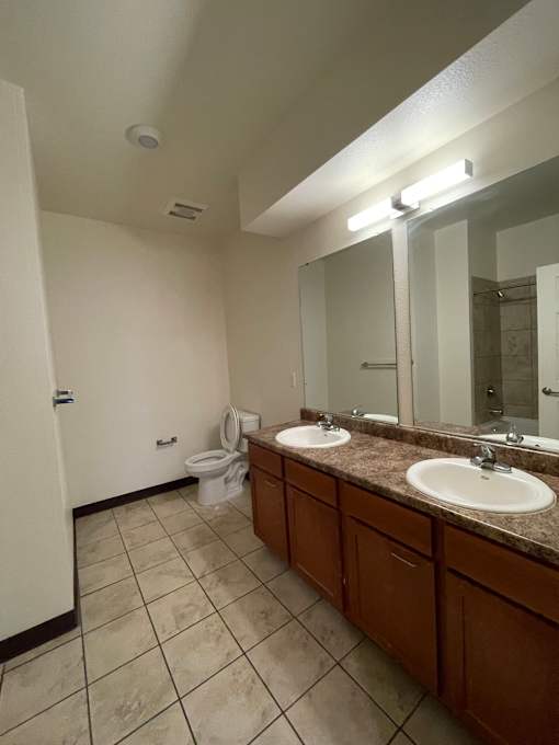A bathroom with a toilet, two sinks, and a mirror.