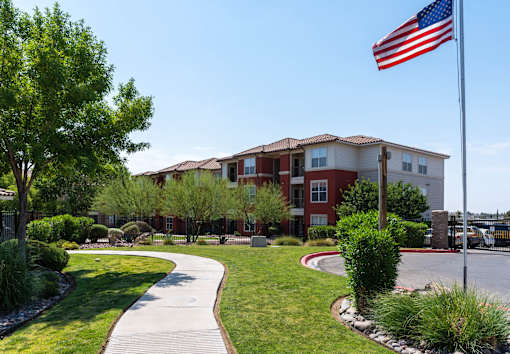 A building with a flag on top of it.