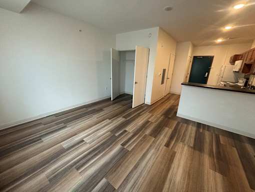 A room with a kitchen area and a hallway with wood flooring.
