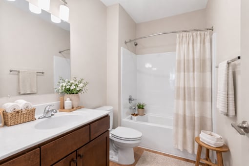 A bathroom with a white sink, toilet, and shower curtain.