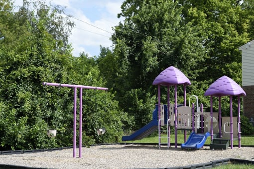 a playground with a slide and a swing set