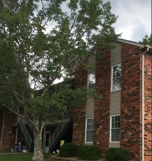 an apartment building with stairs and a tree in front of it