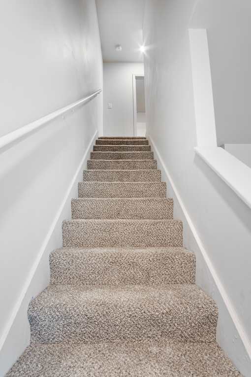 A staircase with a carpeted runner and white walls.