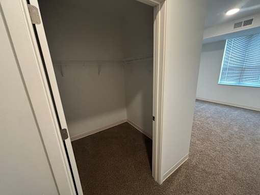A white closet with a carpeted floor and a window with blinds.