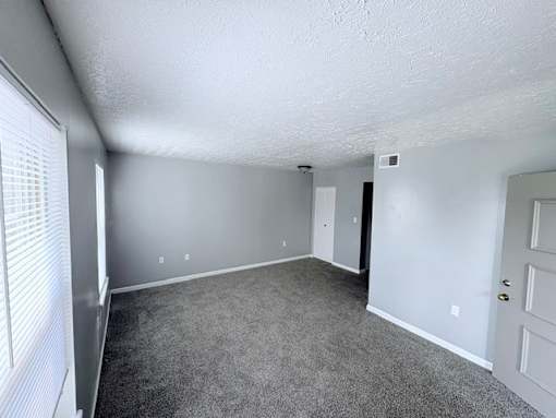 A spacious room with grey carpeting and white walls.