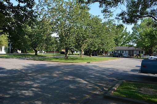 a street in a neighborhood with trees and houses