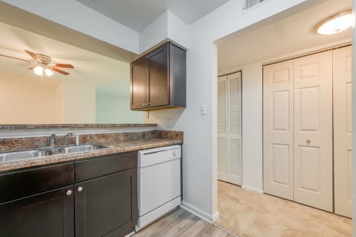 a kitchen with a sink and a door to a closet