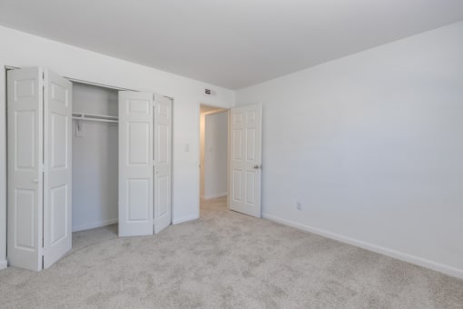a bedroom with two closets and a carpeted floor