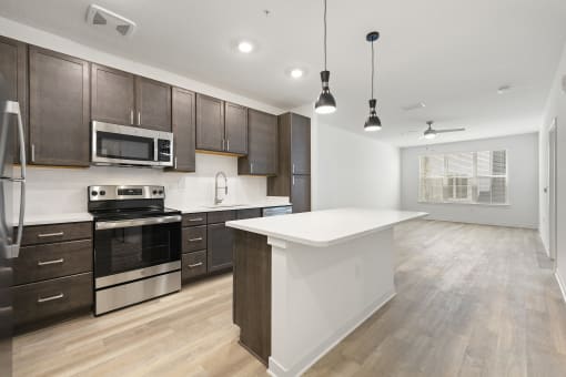 kitchen with wood style flooring and stainless steel appliances at Tapestry Overbrook in McDonough, Georgia