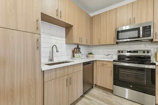 Modern Kitchen with Subway Tile Backsplash and Gooseneck Pulldown Sprayer at Tapestry Headwaters in Kissimmee, FL