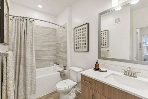 Modern Bathroom with Soaking Tub, Stone Countertops, and Plank Flooring at Tapestry Headwaters Apartments in Kissimmee, FL